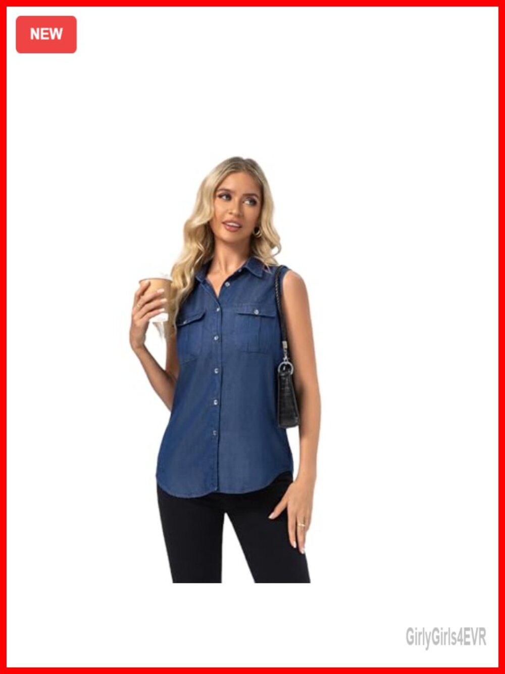 Womens Sleeveless Collared Button Down Denim Tank Top with Pockets
